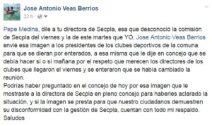 Declaración concejal José Veas en redes sociales.